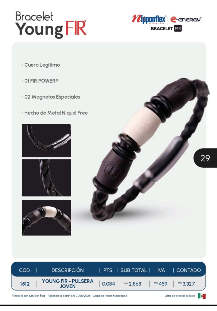 Bracelet Young FIR Nipponflex e-energy - Pulsera de cuero legítimo con FIR e imanes