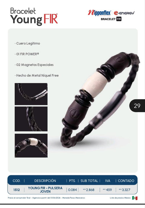 Bracelet Young FIR Nipponflex e-energy - Pulsera de cuero legítimo con FIR e imanes